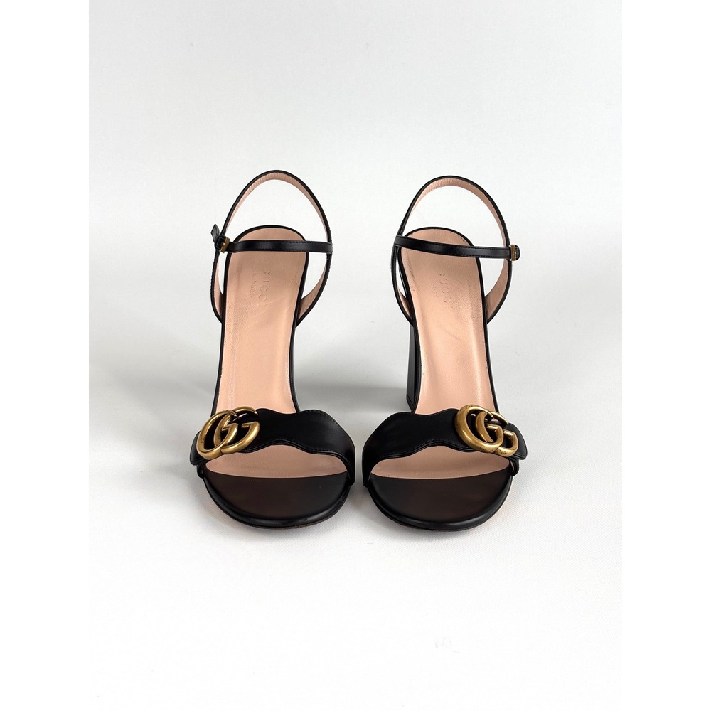 Gucci Marmont Black Leather Double G Block Heel Sandals 37 Box Dust Bags